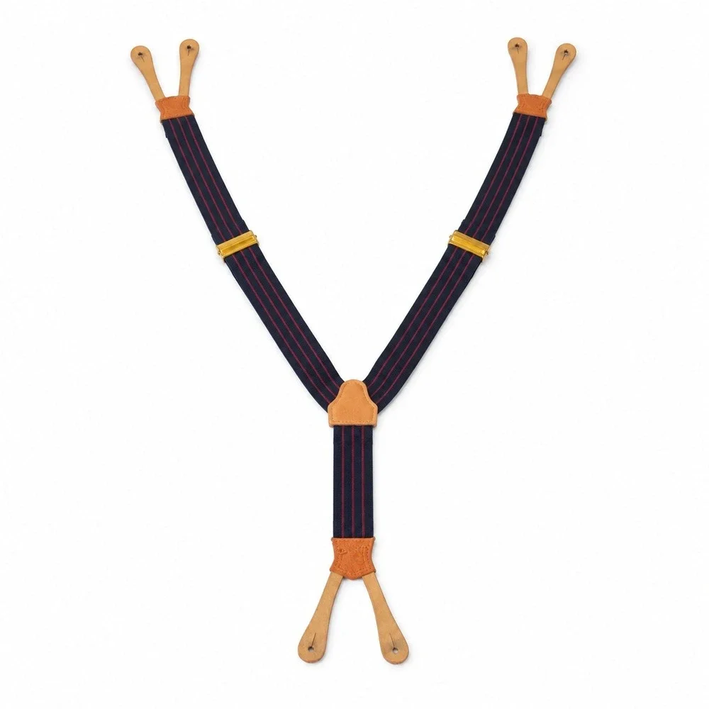 Polo Ralph Lauren Suspenders Men OS Navy Red Striped Leather Button End Braces